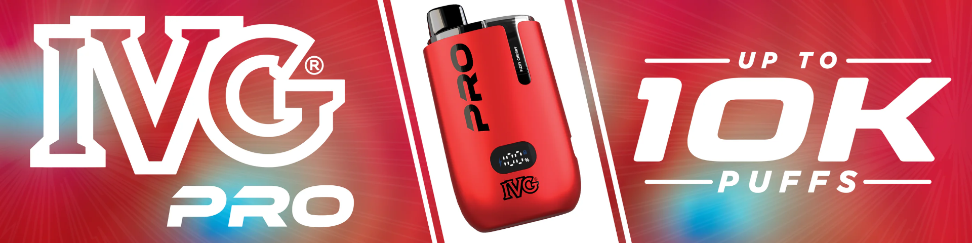 Promotional banner for the IVG PRO vape device featuring a bold red background with light streaks.