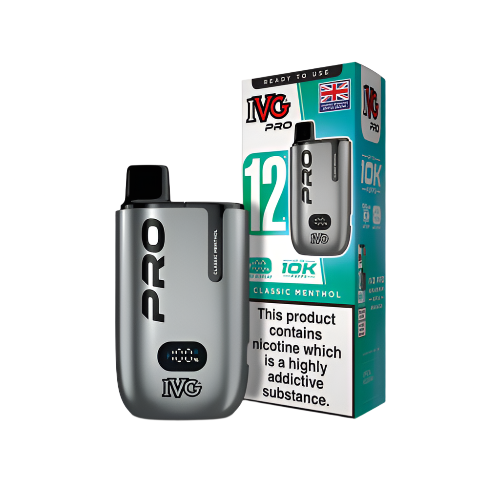 Product image of the IVG PRO 12 disposable vape device in the Classic Menthol flavour.