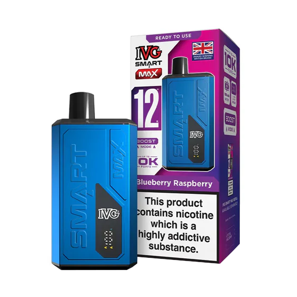 Product image of the IVG SMART MAX disposable vape device in Blueberry Raspberry flavour.