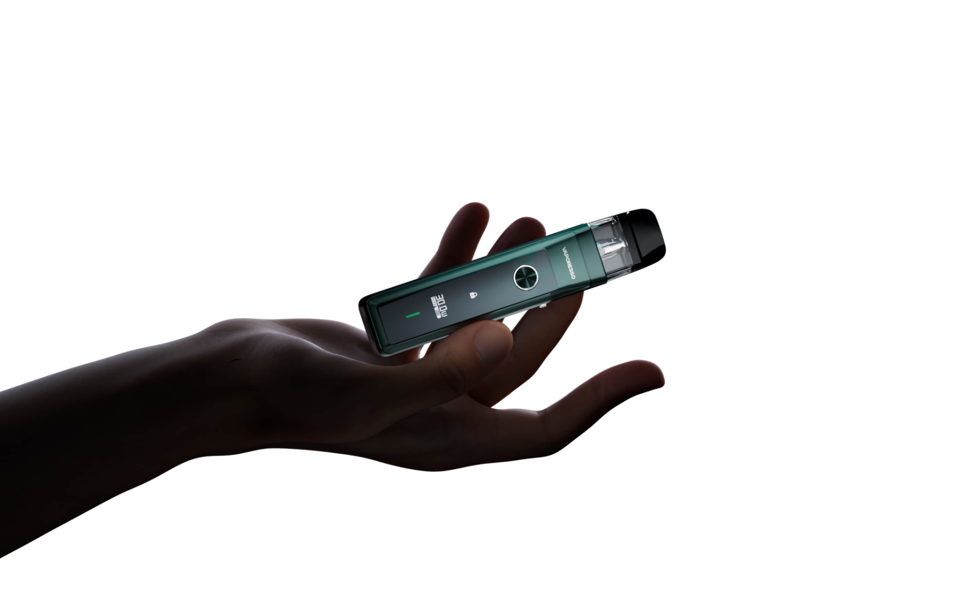 A hand gracefully holding the Vaporesso XROS Pro Kit vape device against a white background.