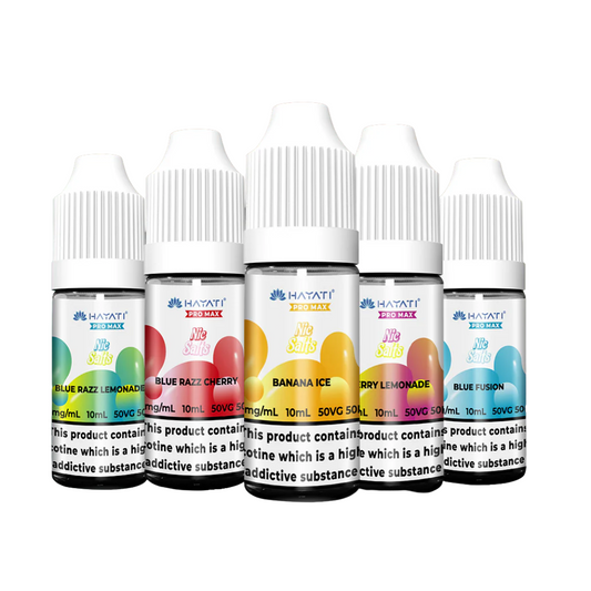 Five HAYATI Nic Salt bottles with white caps and bright pastel coloured labels, displaying fruit illustrations.
