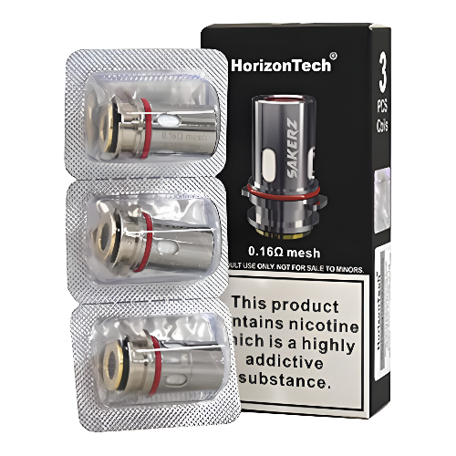 HorizonTech vape coils packaging with three coils in a clear plastic sleeve and a black box.