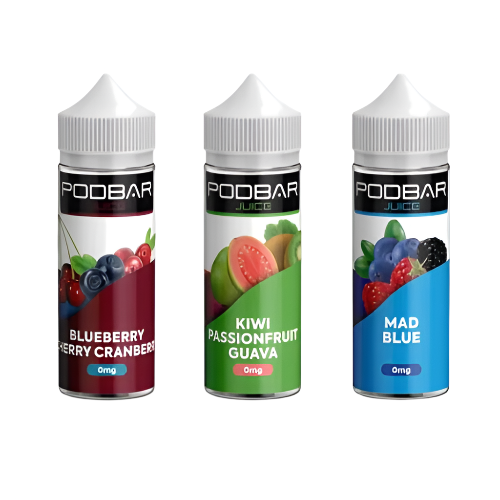 Three bottles of Podbar e-liquid with colorful labels on a white background