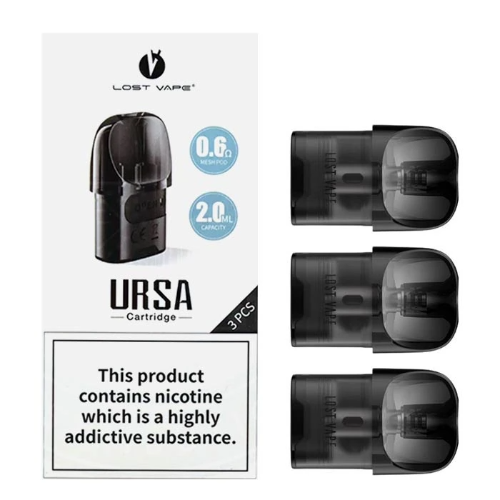 Lost Vape Ursa cartridge packaging with three cartridges displayed on a white background.