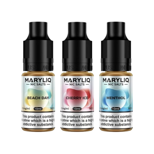 Three bottles of Maryliq Nic Salts with different flavors on a white background