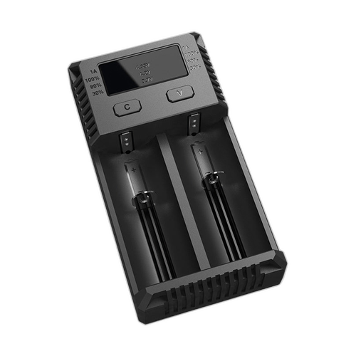 Black battery charger with two slots on a white background