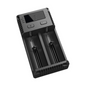 Black battery charger with two slots on a white background