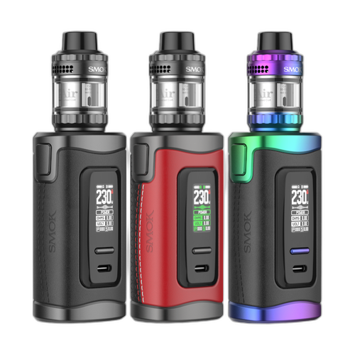 Three SMOK vape devices in black, red, and multicolor on a white background