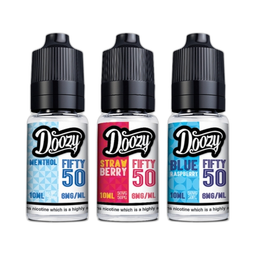 Three Doozy e-liquid bottles with different flavors on a white background