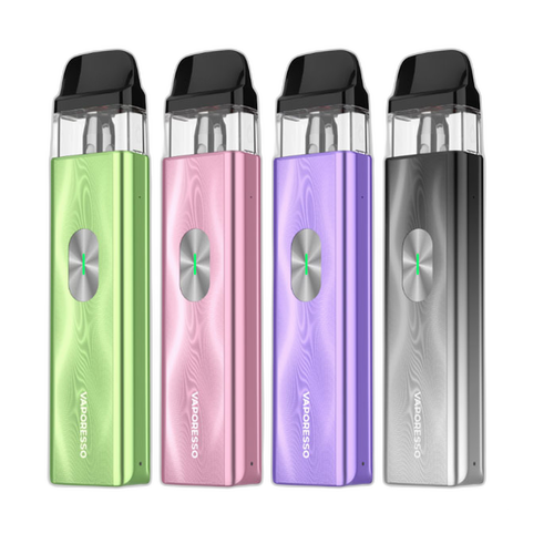 Four Vaporesso vaping devices in green, pink, purple, and silver on a white background