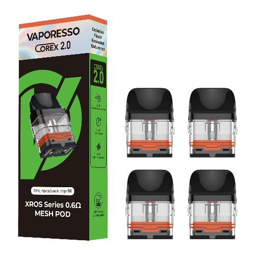 Packaging and four individual Vaporesso XROS Series 0.6Œ© mesh pods.