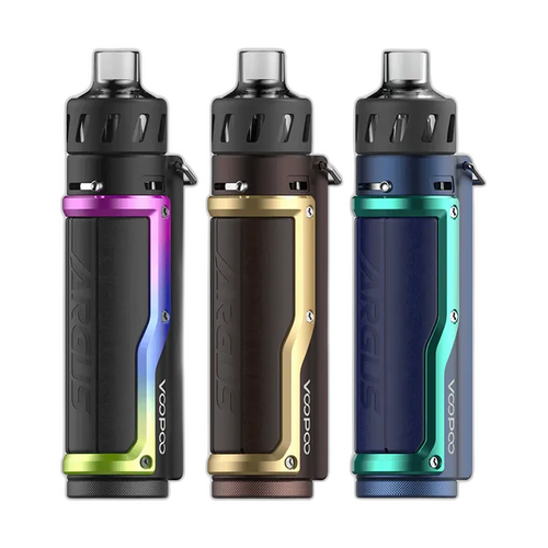 Three VooPoo devices in black, gold, and blue on a white background