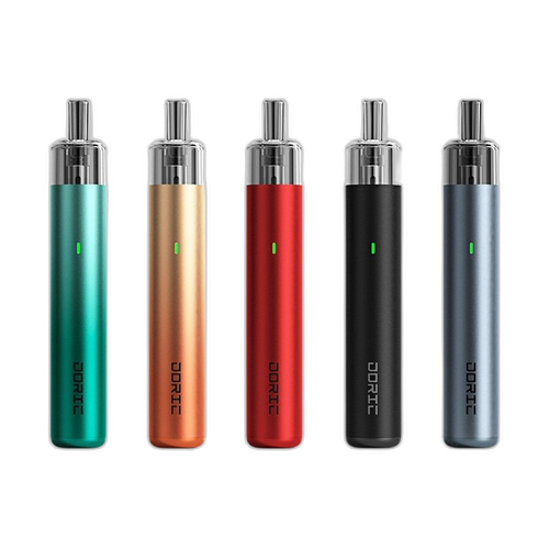 Five DORIC vape devices in different colors on a white background