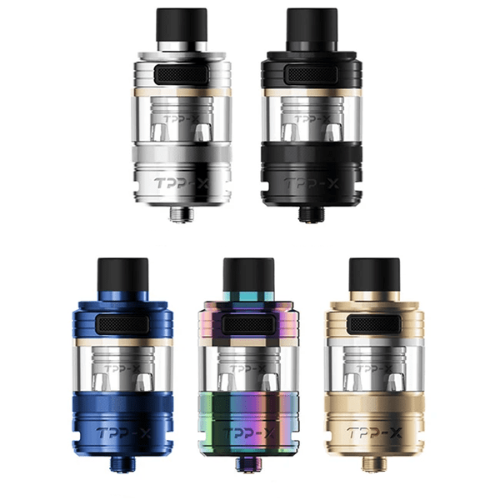 Five TPP-X vape tanks in different colors on a white background